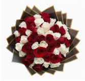 WRAPPED RED AND WHITE ROSES  