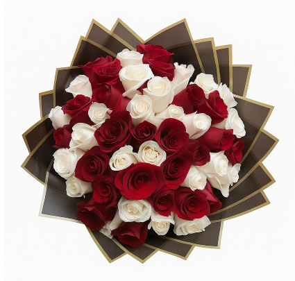 WRAPPED RED AND WHITE ROSES