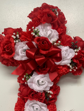 Red and White Silk Sympathy Cross in Red Lake, ON | FOREVER GREEN GIFT BOUTIQUE