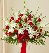 RED AND WHITE STANDING BASKET 