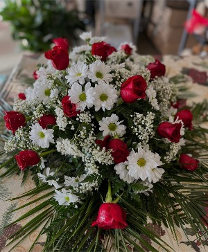 Red and white sympathy arrangement  sympathy 