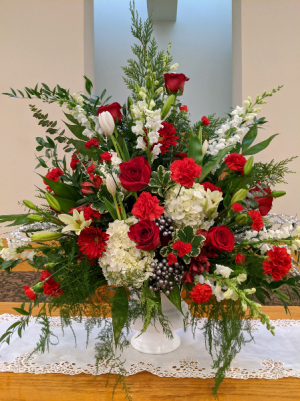 Red and White Sympathy Urn Powell Florist Featured Arrangement