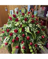 Red and white tribute Casket spray 