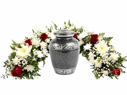 Red and white urn spray (urn not included) Funeral