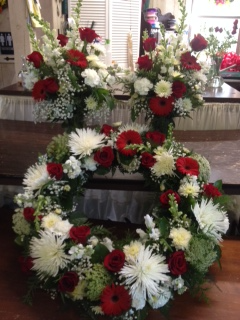 Red and White wreath and matching vases sympathy wreath and matching vase