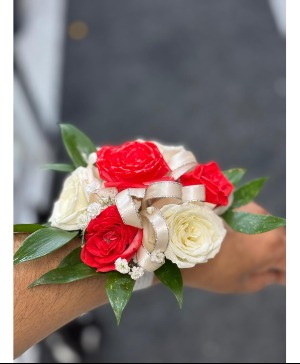 red and white wrist corsage  wrist corsage