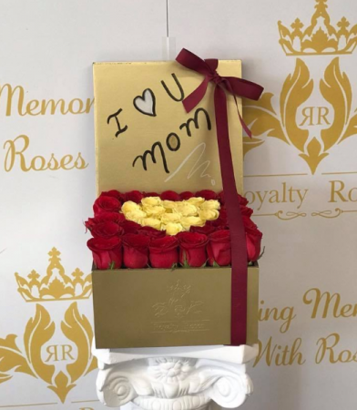 Red and Yellow heart box Gold box of Roses