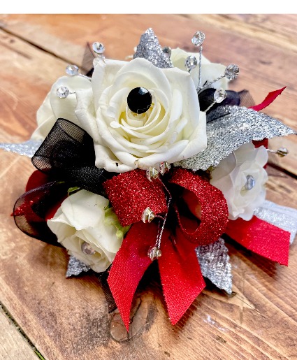 Red, Black, and Silver Wrist Corsage 
