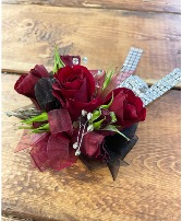 Red, Black, and Sparkle Wrist Corsage 