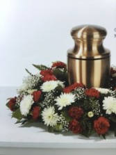 Red carnations and white mums Urn arrangement