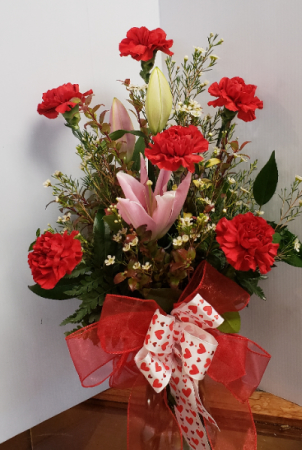 Red Carnations with Fragrant Lily Vase arrangement