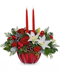 Red Christmas Bowl Centerpiece with Candles
