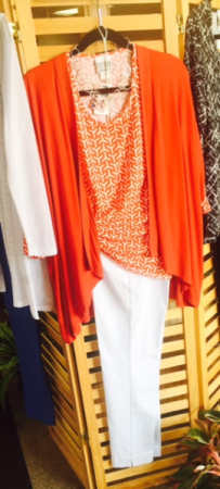 Red Flash Tunic, Red Fly Away Cardigan & White Slacks