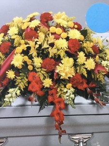 Red glad's, yellow daisies and fuji mums Casket piece
