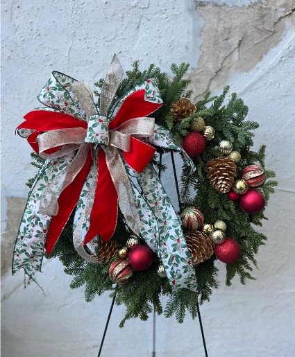 Red & Gold Fresh Greens Christmas Wreath 