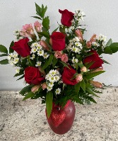 Red Heart Band Rose Vase Arrangement