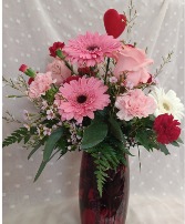 Red Heart Bouquet Valentines Vased Arrangement