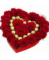 Red Heart Box Roses with Candies Pave Arrangement
