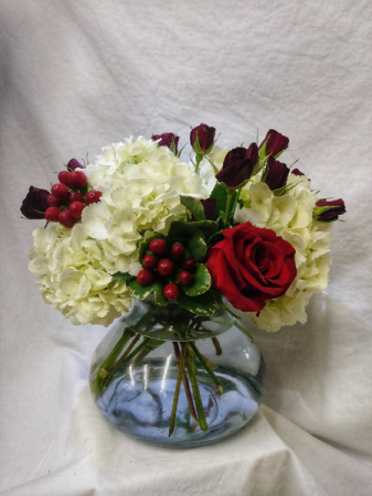 Red Hot Romance A beautiful, lush arrangement including Hydrangea and Red Roses