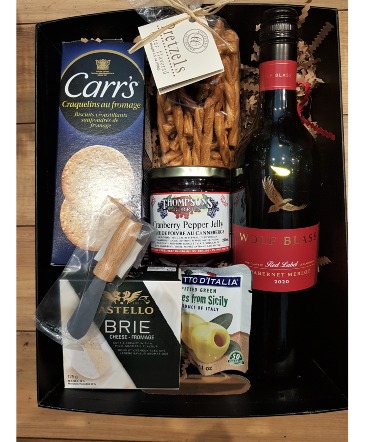 RED WINE, CHEESE, CRACKERS & MORE Presented in a black tray. in Halifax, NS | Barrington Florist RED WINE, CHEESE, CRACKERS & MORE Presented in a black tray. in Halifax, NS | Barrington Florist
