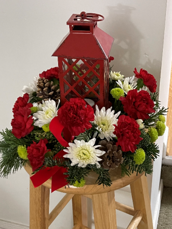 Red Lantern Holiday centerpiece Floral Design