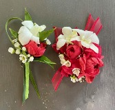 Red Ranunculus & Orchids Wrist Corsage & Boutonniere Set