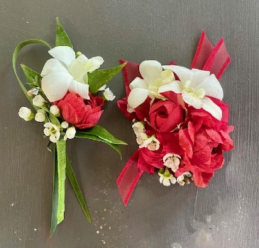 Red Ranunculus & Orchids Wrist Corsage & Boutonniere Set in Jamestown, NC | Blossoms Florist & Bakery