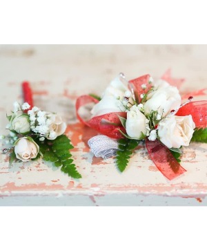 Red Ribbon Matching Corsage and Boutonniere  