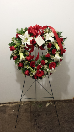 Red rose and lily heart wreath Easel Spray