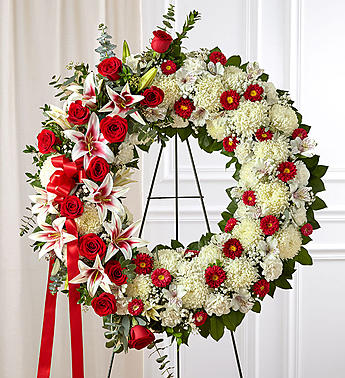 Red Rose and Lily Standing Wreath funeral