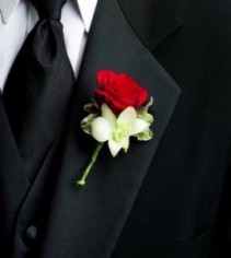 Red rose and White orchid Boutonniere