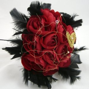 Red Rose & Black Feather Posy Wedding Bouquet