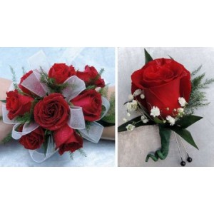 Red Rose Boutoneer and Wristlet Prom Set in Lebanon, NH | LEBANON GARDEN OF EDEN FLORAL SHOP