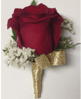 Red Rose Boutineer w/Gold Ribbon 