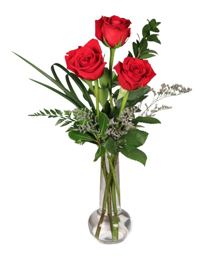 Red Rose Bud Vase - 3 Roses Flower Bouquet