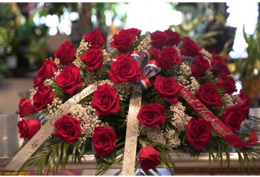 Red Rose Casket Spray Personalized Ribbons  in South Milwaukee, WI | PARKWAY FLORAL INC.