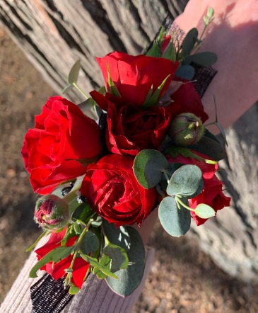 Red Rose Corsage with Black accents Corsage  in Tiffin, OH | Rose Leaf Flowers