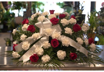 Red Rose & White Carnation Casket Spray in South Milwaukee, WI | PARKWAY FLORAL INC.