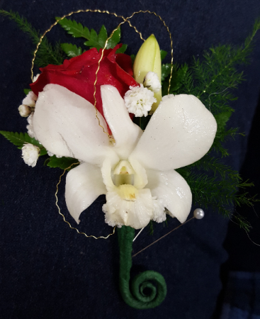 Red rose & White Orchid Boutonniere