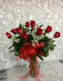 Red Roses  12 Red Roses in vase with ribbon 