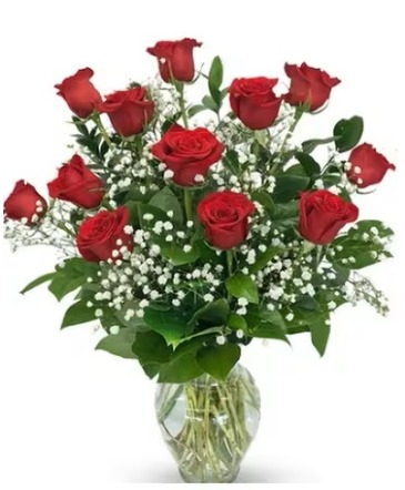 Red Roses with Baby's Breath   in Garden City, NY | The Garden City Florist