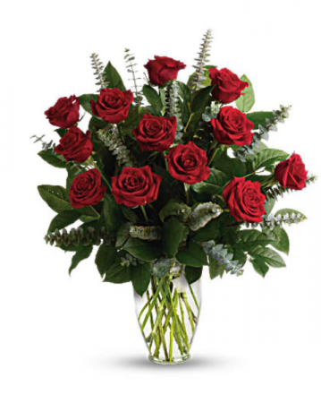 Red roses and eucalyptus Vase