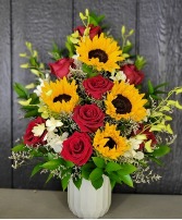 Red roses and sunflowers base  Any occasion 