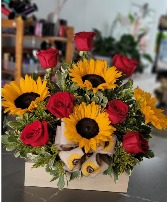 Red roses and sunflowers wooden box  Any occasion