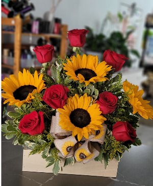 Red roses and sunflowers wooden box  Any occasion 