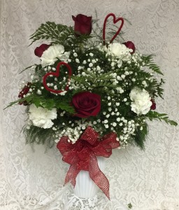 Red Roses and White Carnations  with Valentine's Day Trims