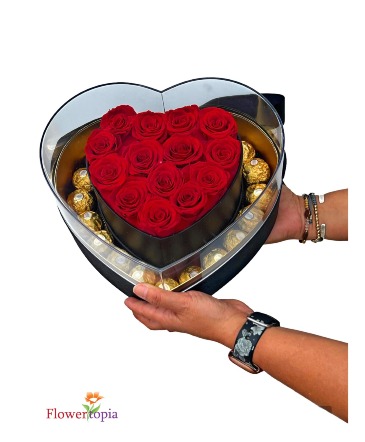 My Red Roses Heart Box with Chocolates 14 Preserved Red Rose Box in Miami, FL | FLOWERTOPIA