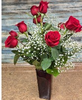 Red Roses in Red Vase Roses