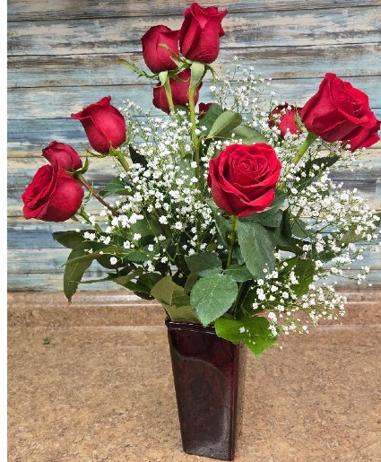 Red Roses in Red Vase Roses