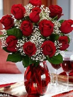 12 Long Stem Red Roses in Red Vase 